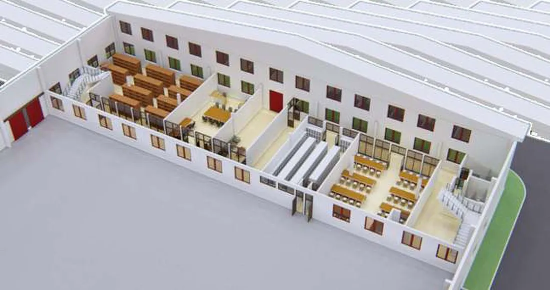 Potongan 3D bangunan pabrik yang memperlihatkan area kerja di dalamnya, karya W-Arch Design
