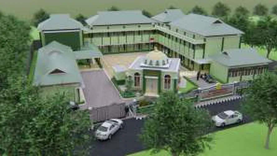 Render udara kompleks pondok pesantren dengan gedung dua lantai beratap hijau