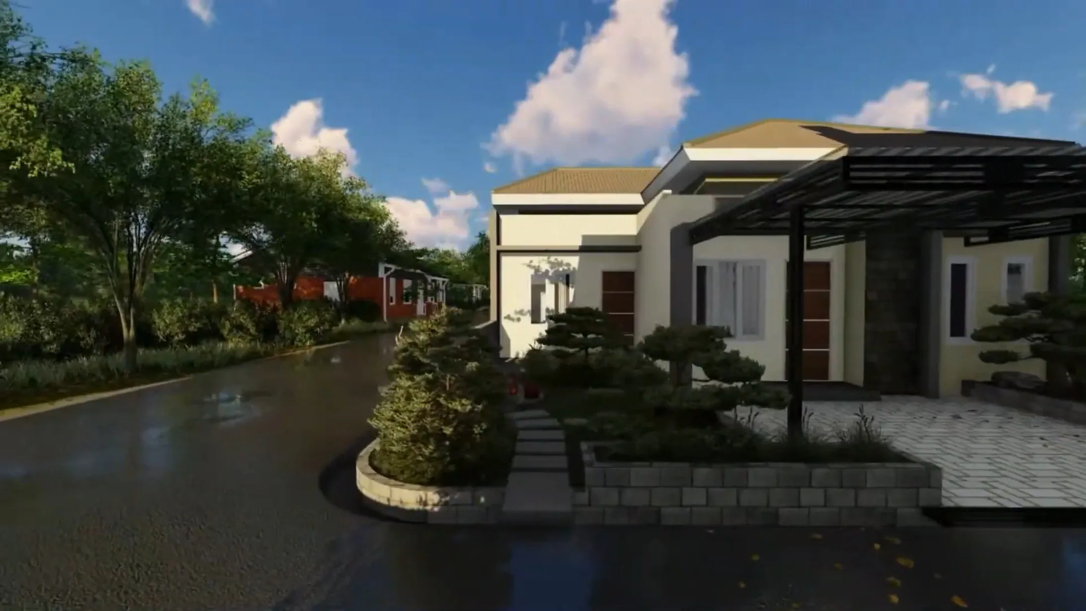 Render rumah di Cibinong dengan taman depan yang rimbun dan carport berpergola