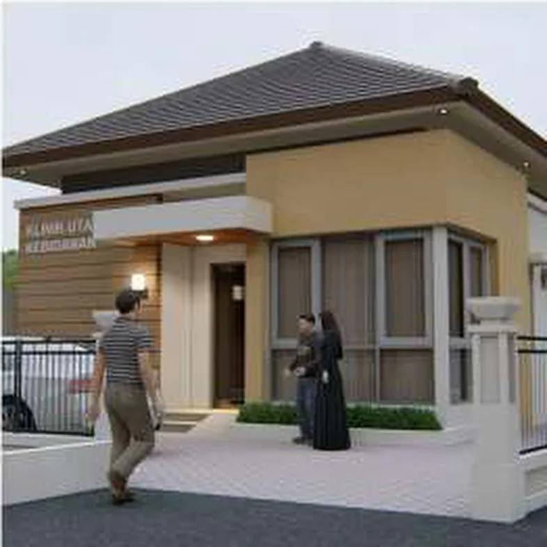 Render tampak depan klinik bidan satu lantai beratap perisai dengan teras dan papan nama