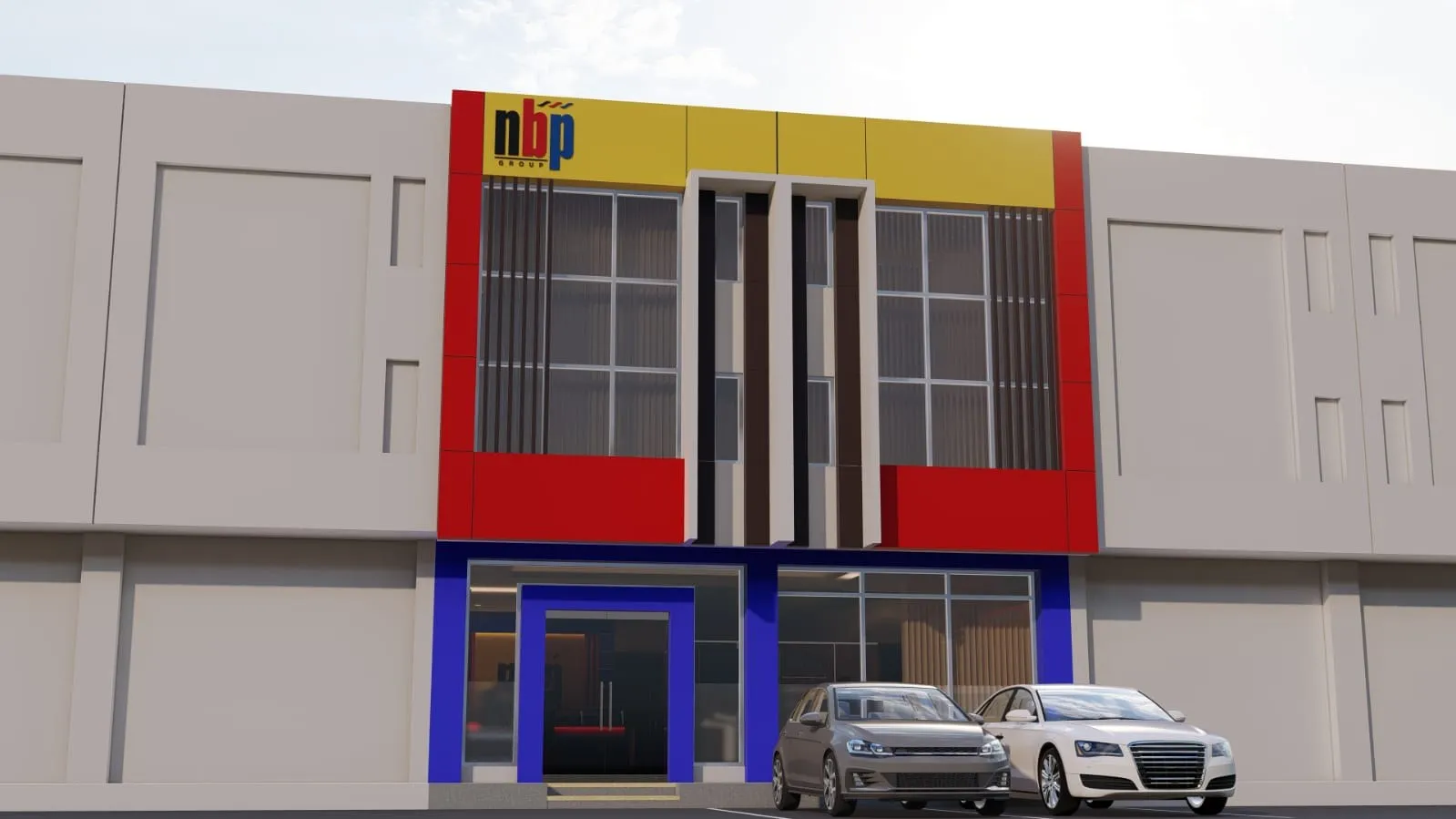 Render fasad kantor BPR NBP2 dari sudut lain, di antara deretan ruko