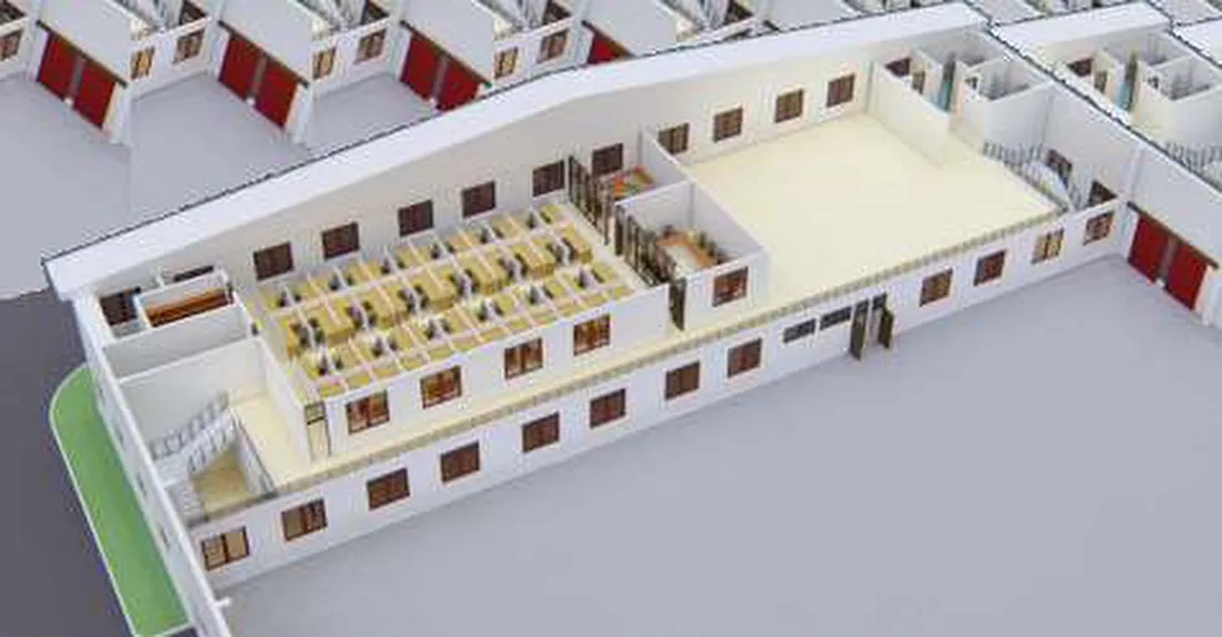 Potongan 3D area kantor dengan deretan meja kerja di dalam bangunan pabrik