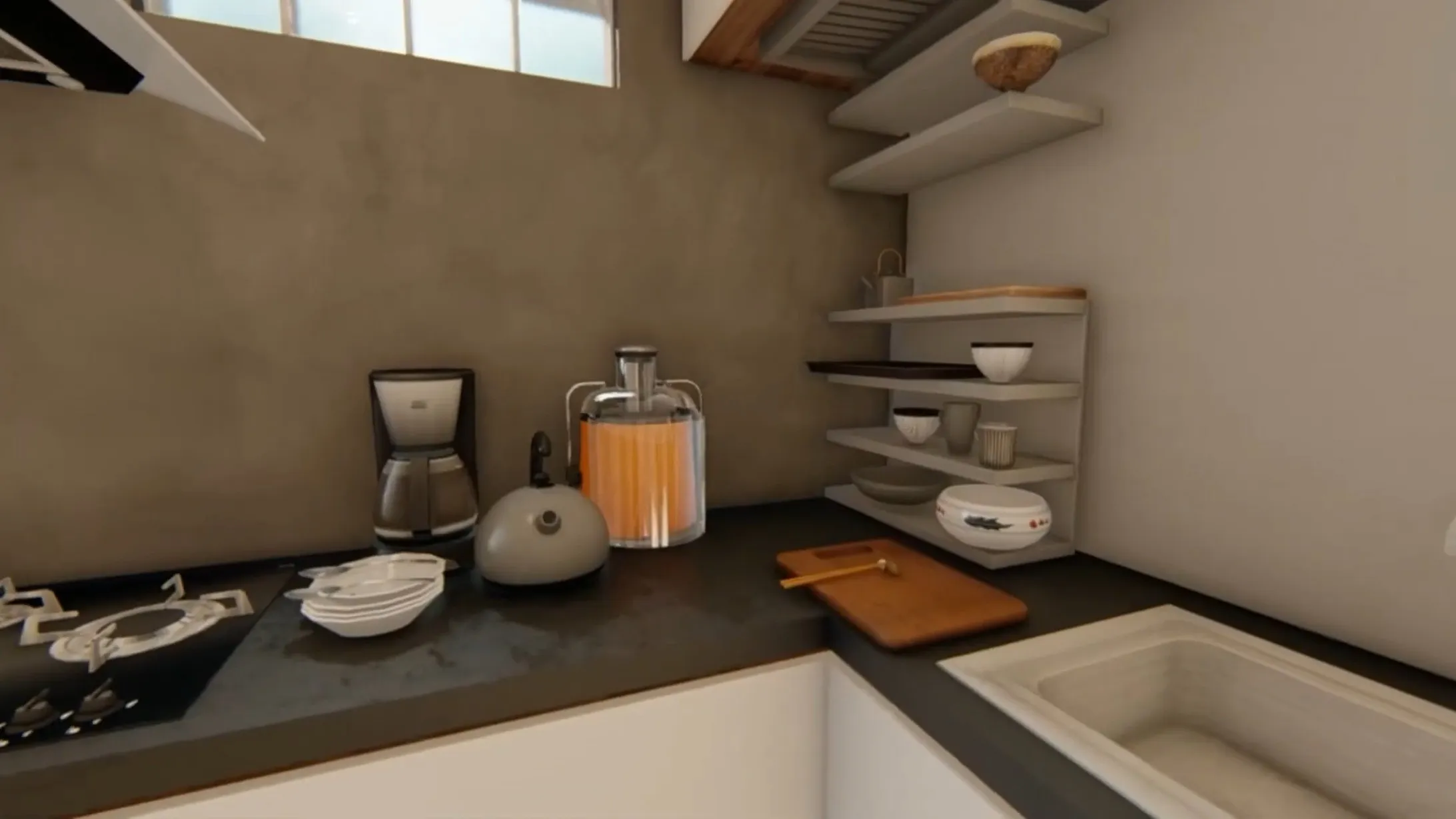 Render dapur dengan meja beton, rak terbuka, dan jendela kaca