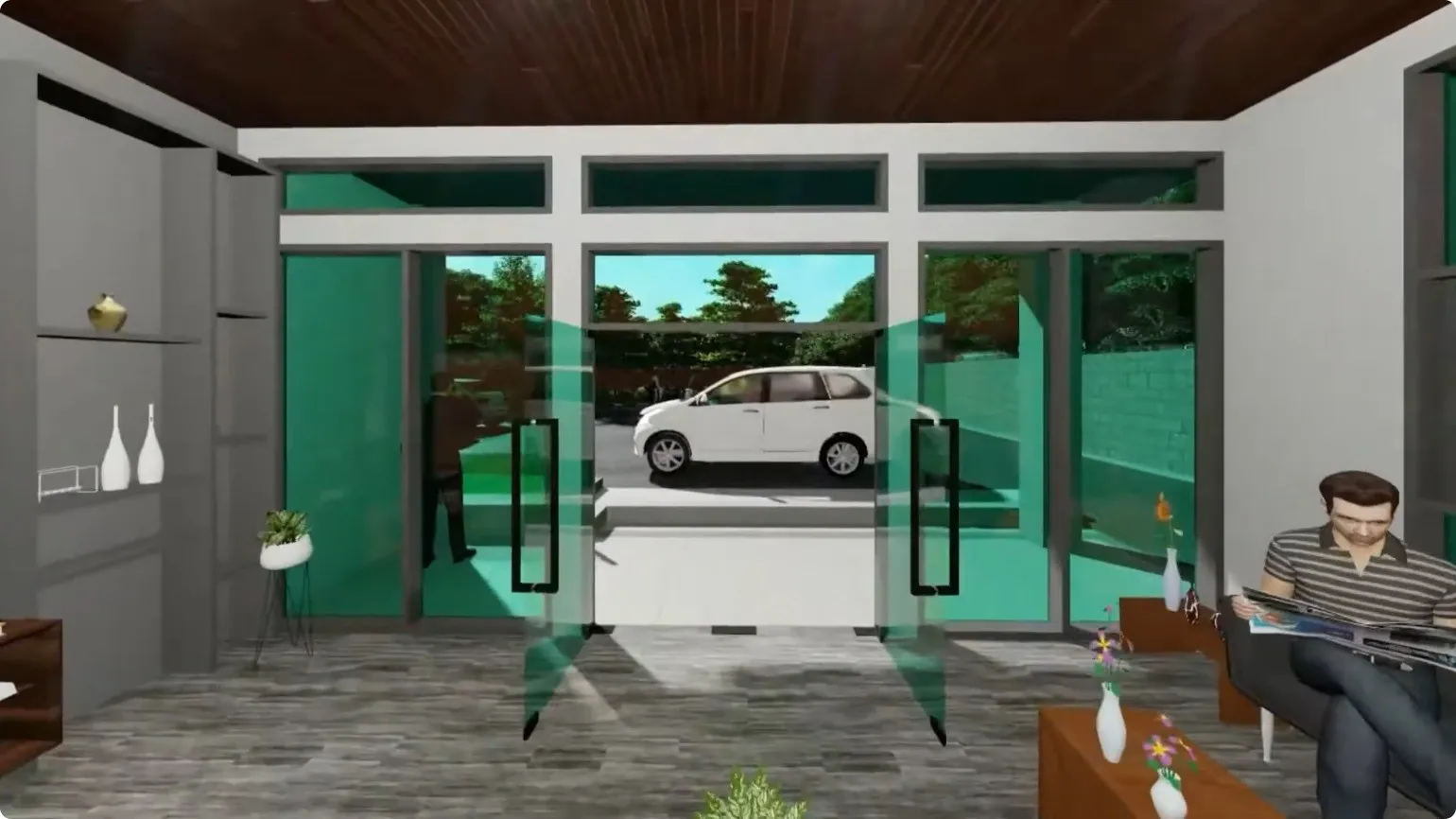 Ruang lobi dengan pintu kaca berbingkai hijau yang menghadap area parkir