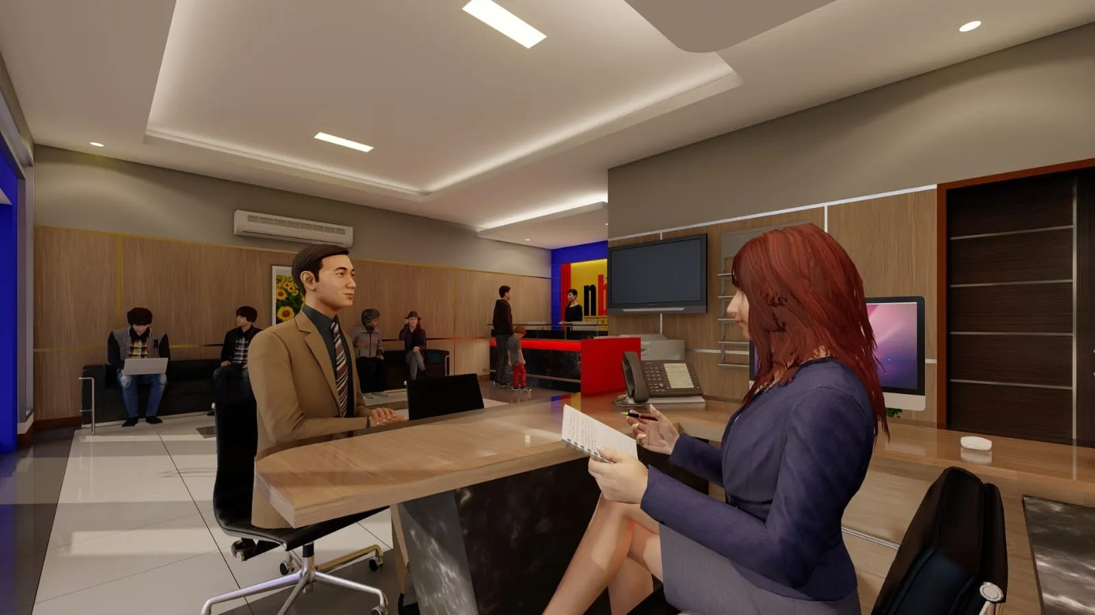 Render meja layanan nasabah dengan panel dinding kayu dan plafon bertingkat