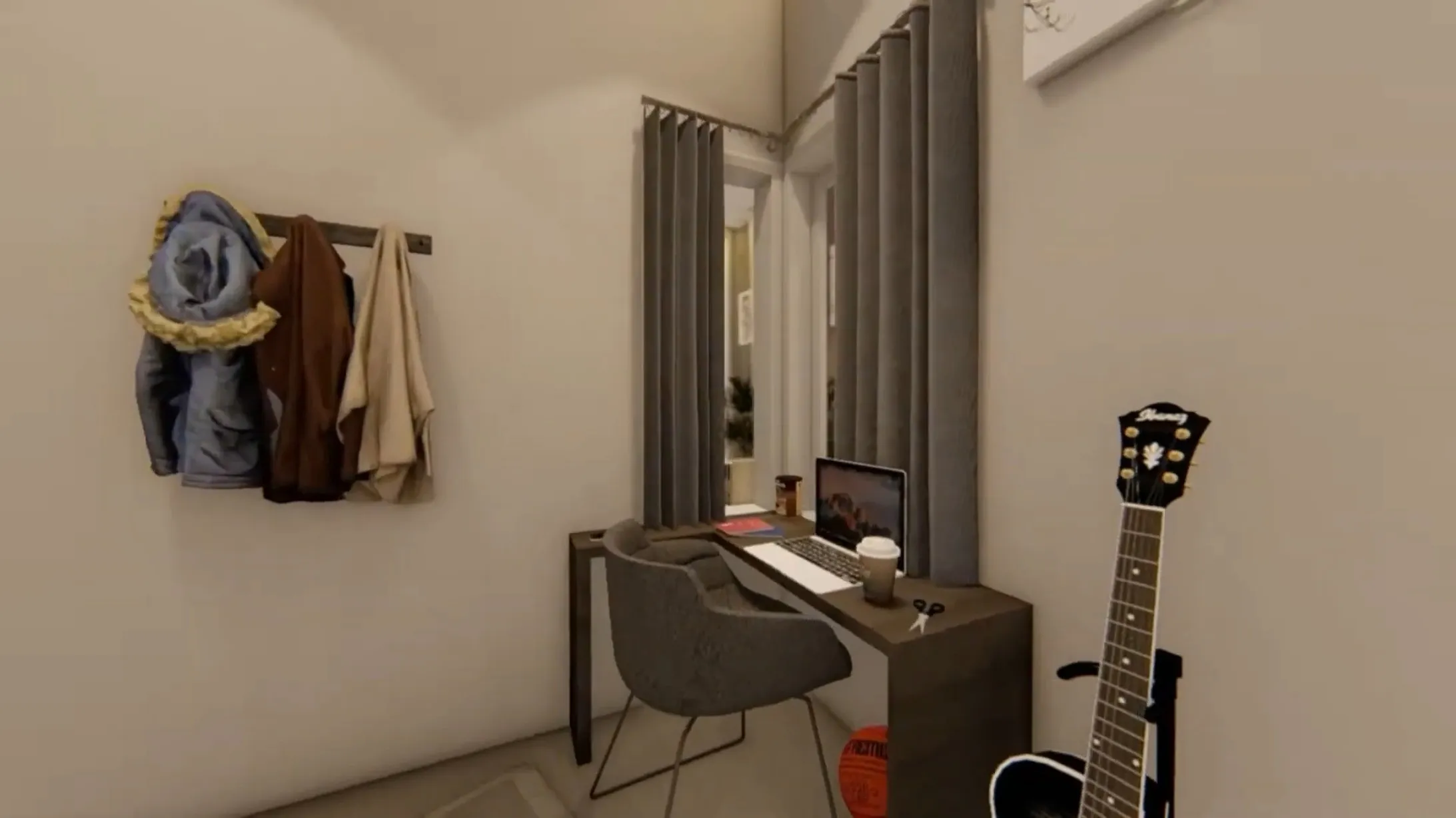 Render sudut kerja dengan meja, kursi, dan gitar di kamar