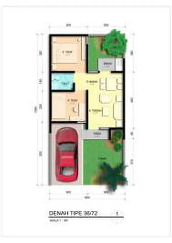 Denah berwarna rumah tipe 36/72 dengan carport