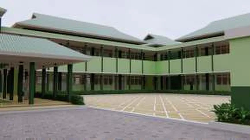 Render selasar gedung dua lantai yang menghadap lapangan