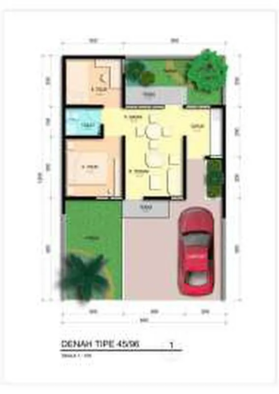 Denah berwarna rumah tipe 45/96 dengan carport dan taman