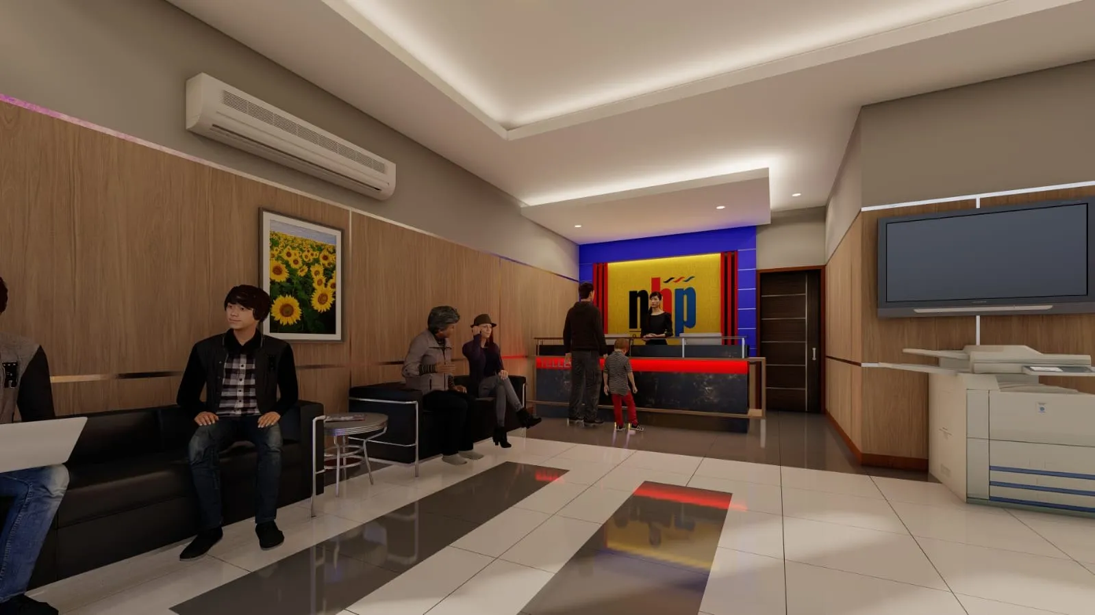 Render ruang tunggu dengan sofa hitam dan konter teller merah di belakang