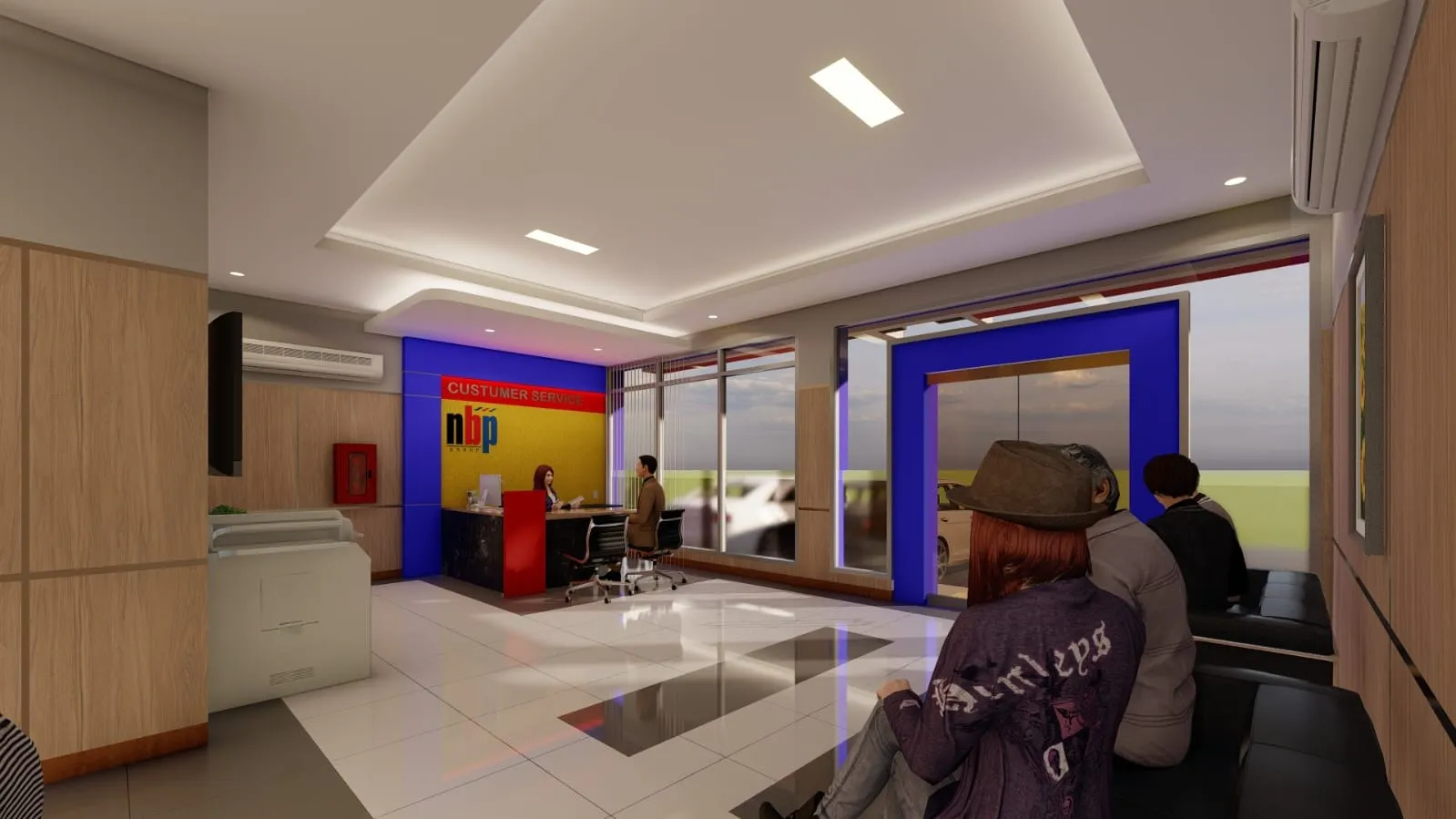 Render area teller dilihat dari ruang tunggu, dengan bidang biru dan logo bank di dinding