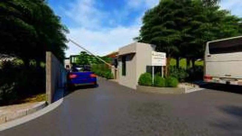 Gerbang masuk kompleks laboratorium dilihat dari jalan