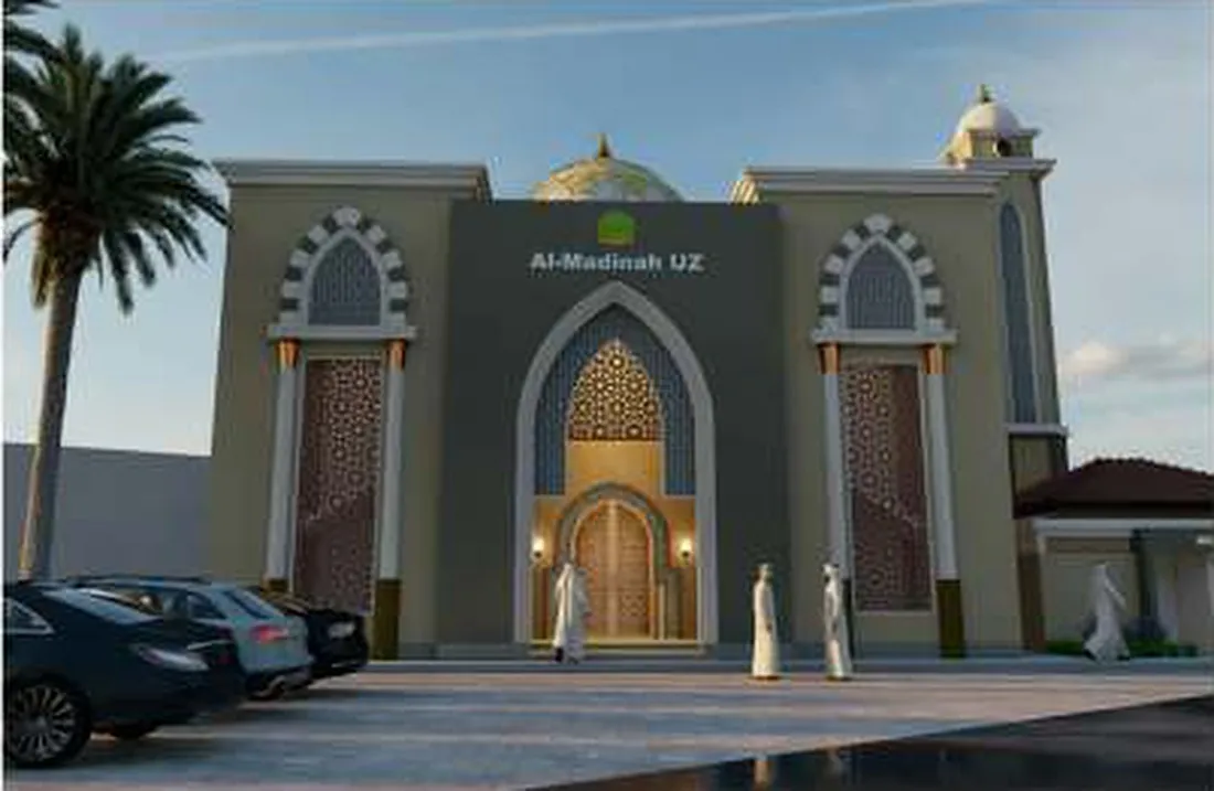 Render fasad Masjid Al-Madinah dengan lengkung runcing, ornamen kisi, dan kubah