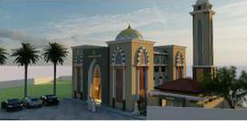 Render Masjid Al-Madinah dari samping dengan menara dan pohon palem