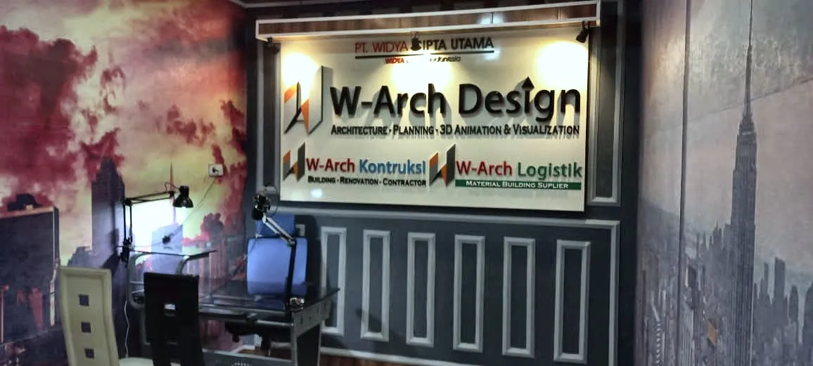 Papan nama di kantor: PT Widya Cipta Utama, W-Arch Design, W-Arch Kontruksi, W-Arch Logistik