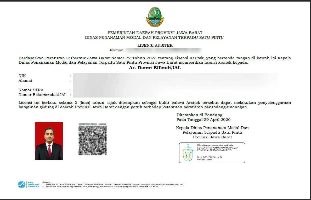 Lisensi Arsitek dari DPMPTSP Provinsi Jawa Barat atas nama Ar. Denni Effendi, IAI